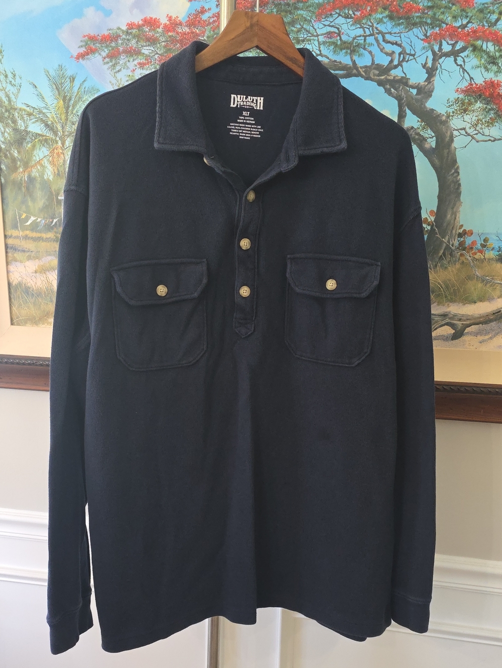 Duluth Trading Co Navy Long-Sleeve Polo Pullover with Chest Pockets